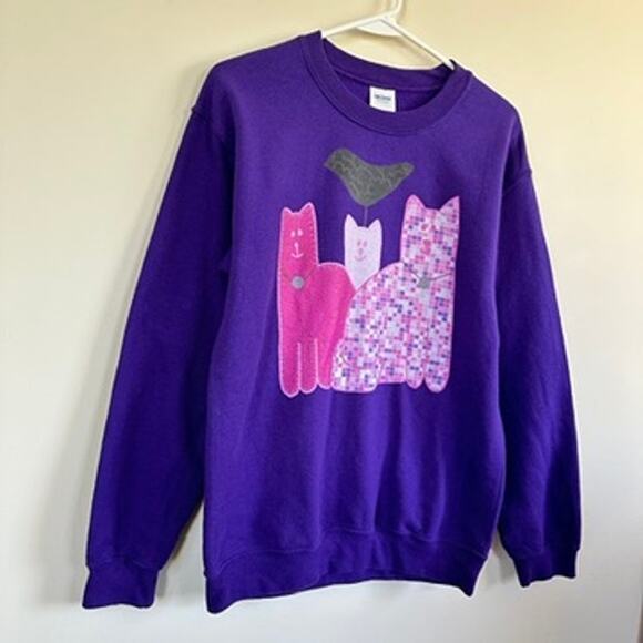 Gildan Vintage Cat Sweatshirt Purple Crew Neck Long Sleeve SMALL One of a Kind - Picture 4 of 11
